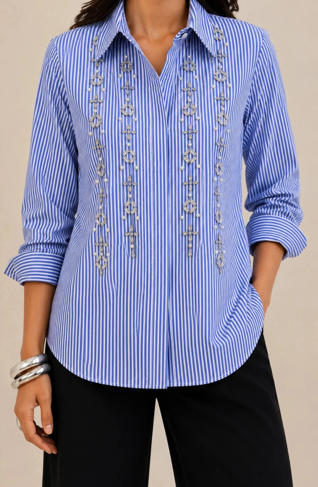 Blue Vertical Stripe Pearl Shirt
