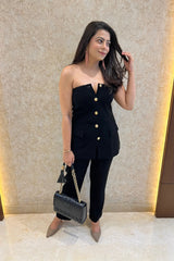 Minimalist Black Off-Shoulder Waistcoat Set
