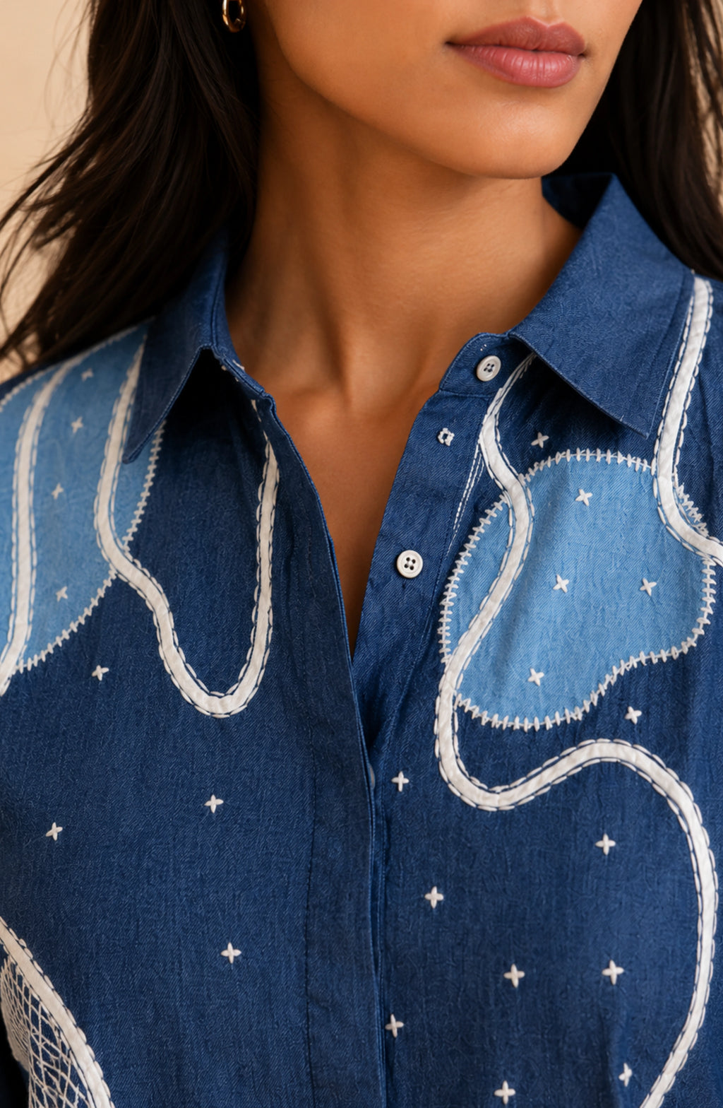Blue Cotton Denim Patchwork Shirt