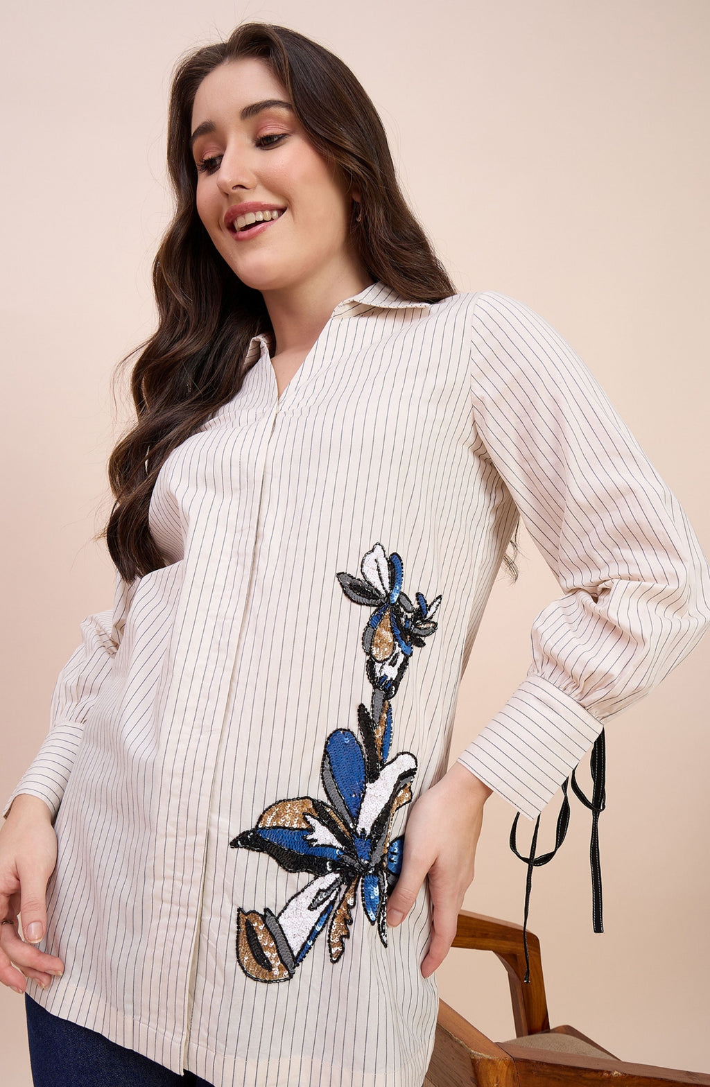 Off-White Striped Shirt with Sequin Floral Motif