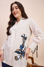 Off-White Striped Shirt with Sequin Floral Motif