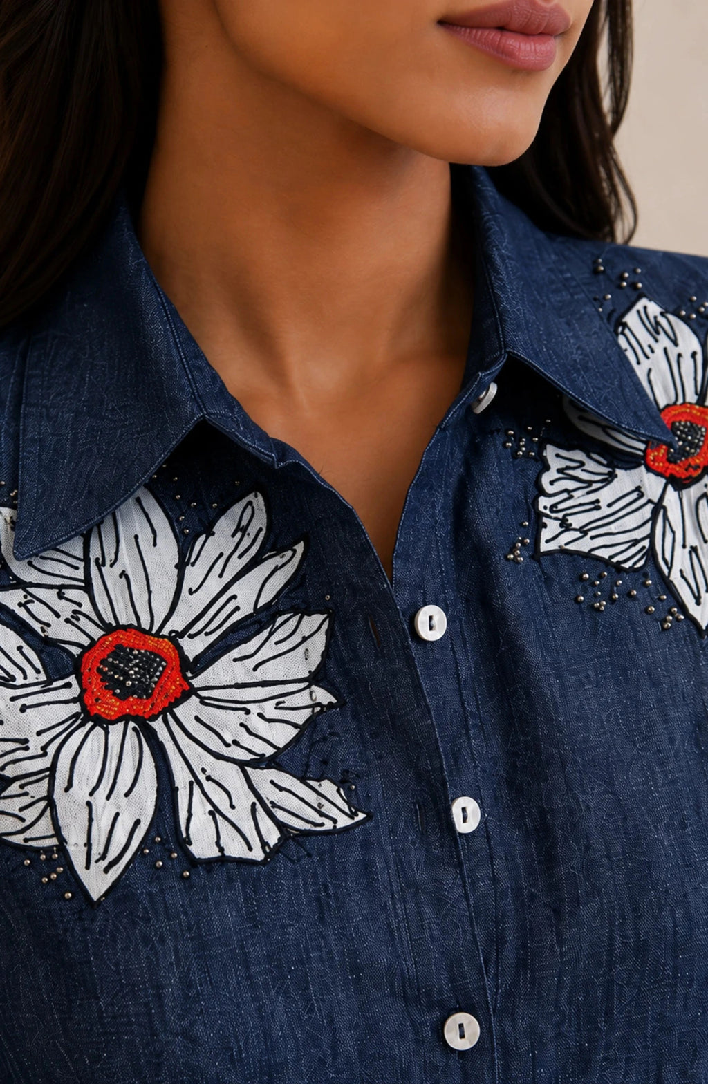 Dark Denim Floral Embroidered Shirt Dress