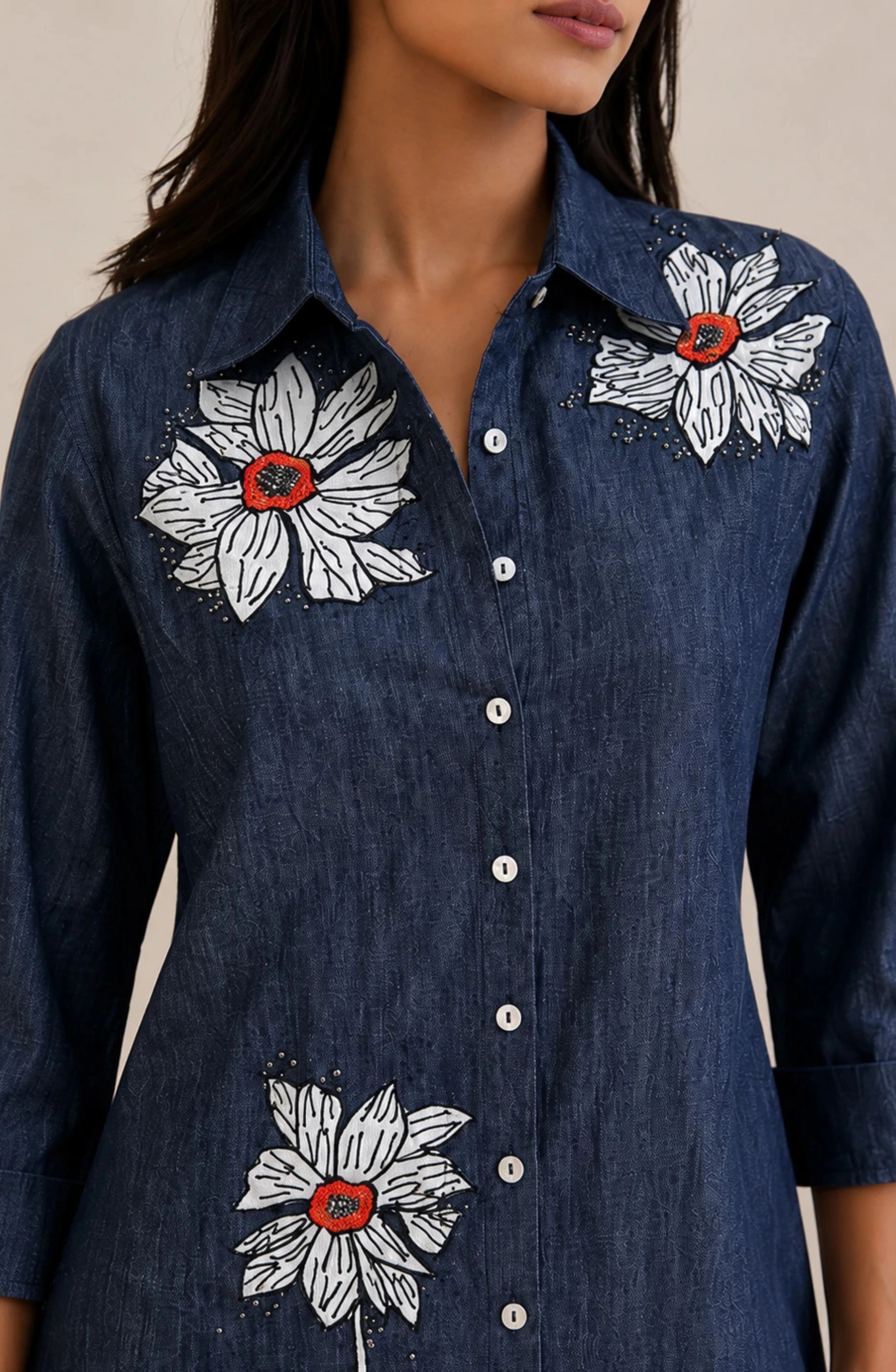 Dark Denim Floral Embroidered Shirt Dress
