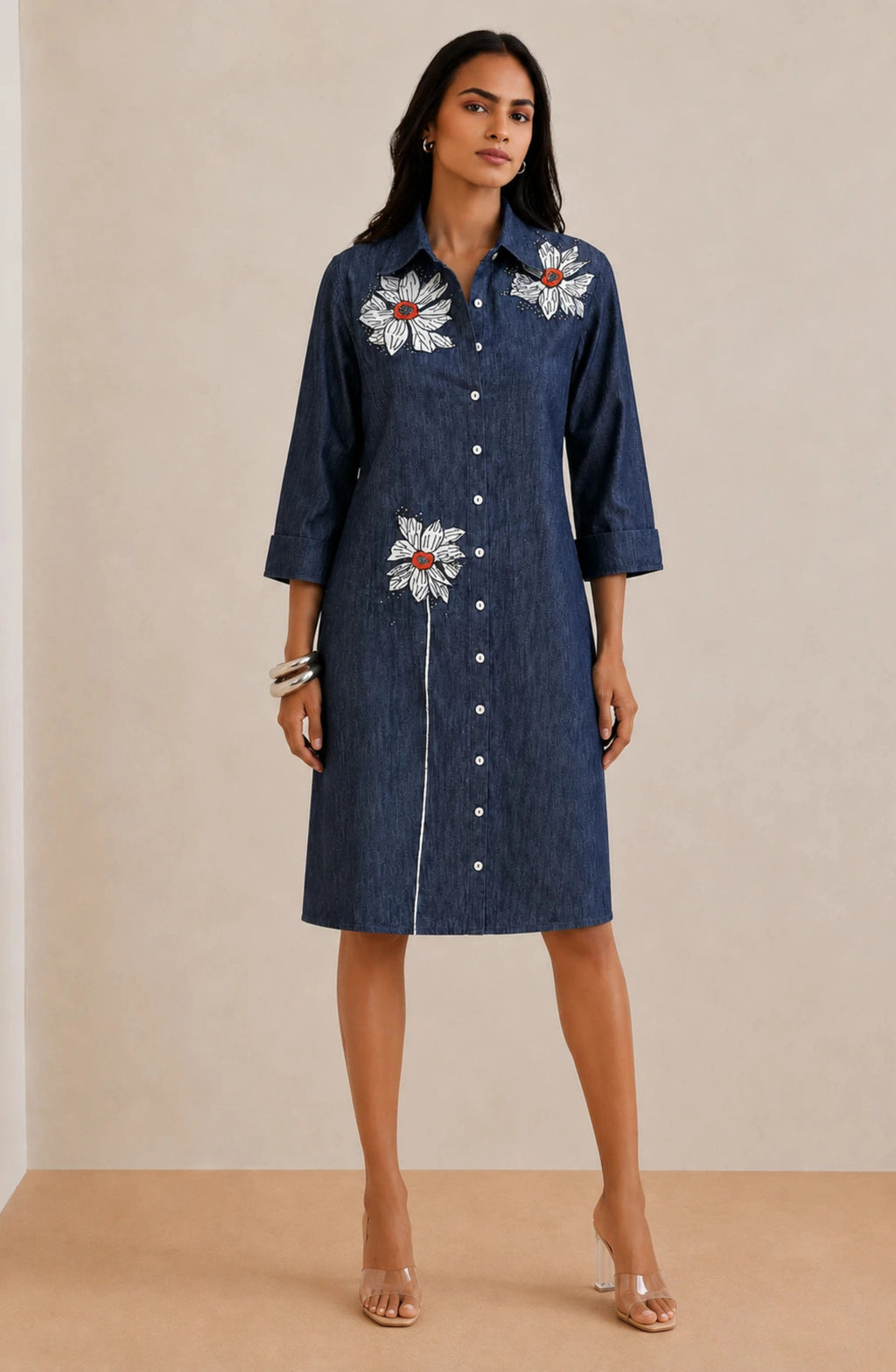 Dark Denim Floral Embroidered Shirt Dress