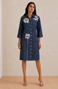 Dark Denim Floral Embroidered Shirt Dress