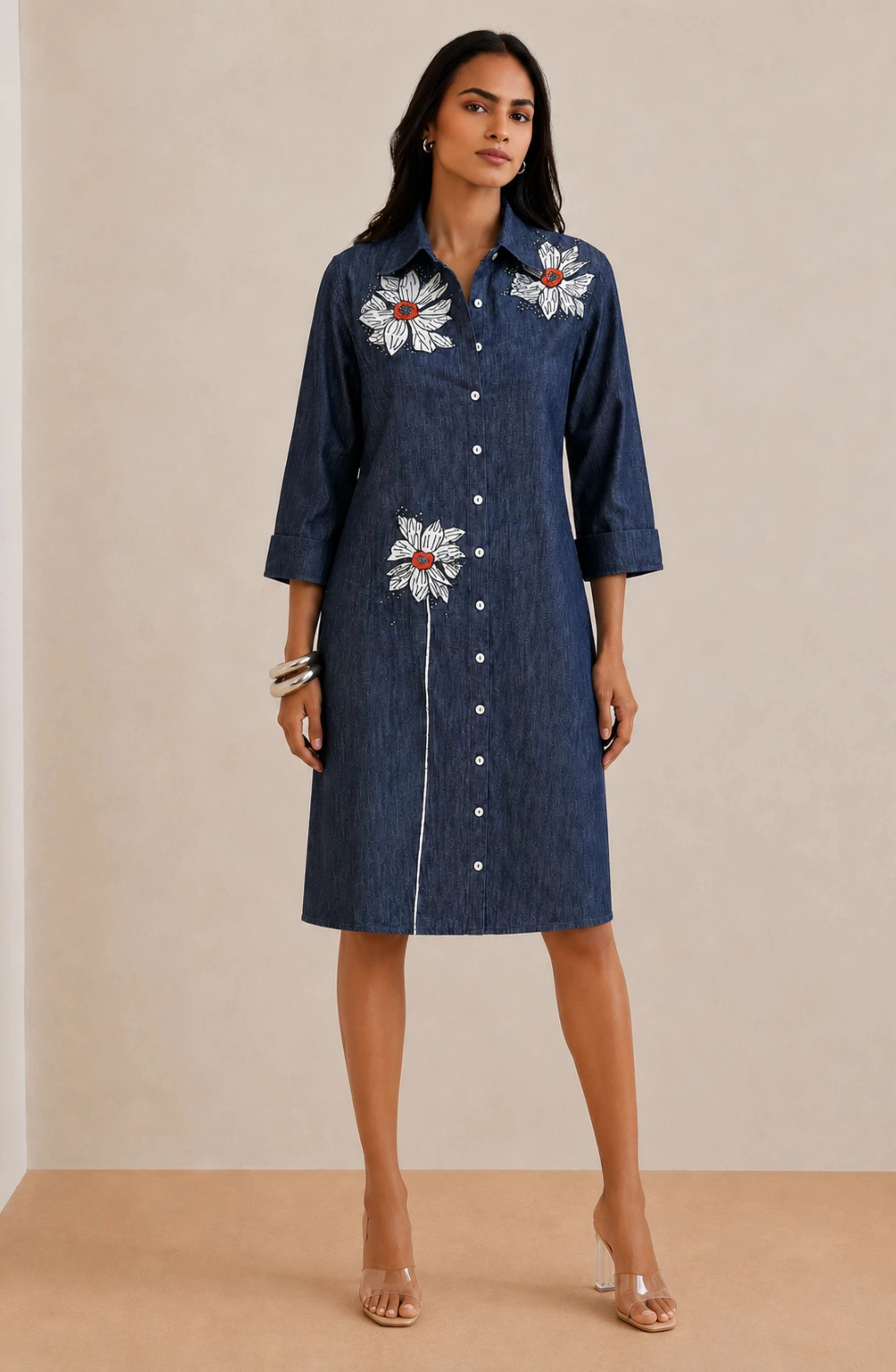 Dark Denim Floral Embroidered Shirt Dress