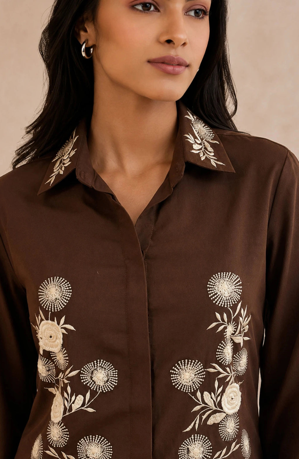 Brown White Floral Embroidered Shirt
