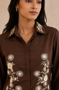 Brown White Floral Embroidered Shirt