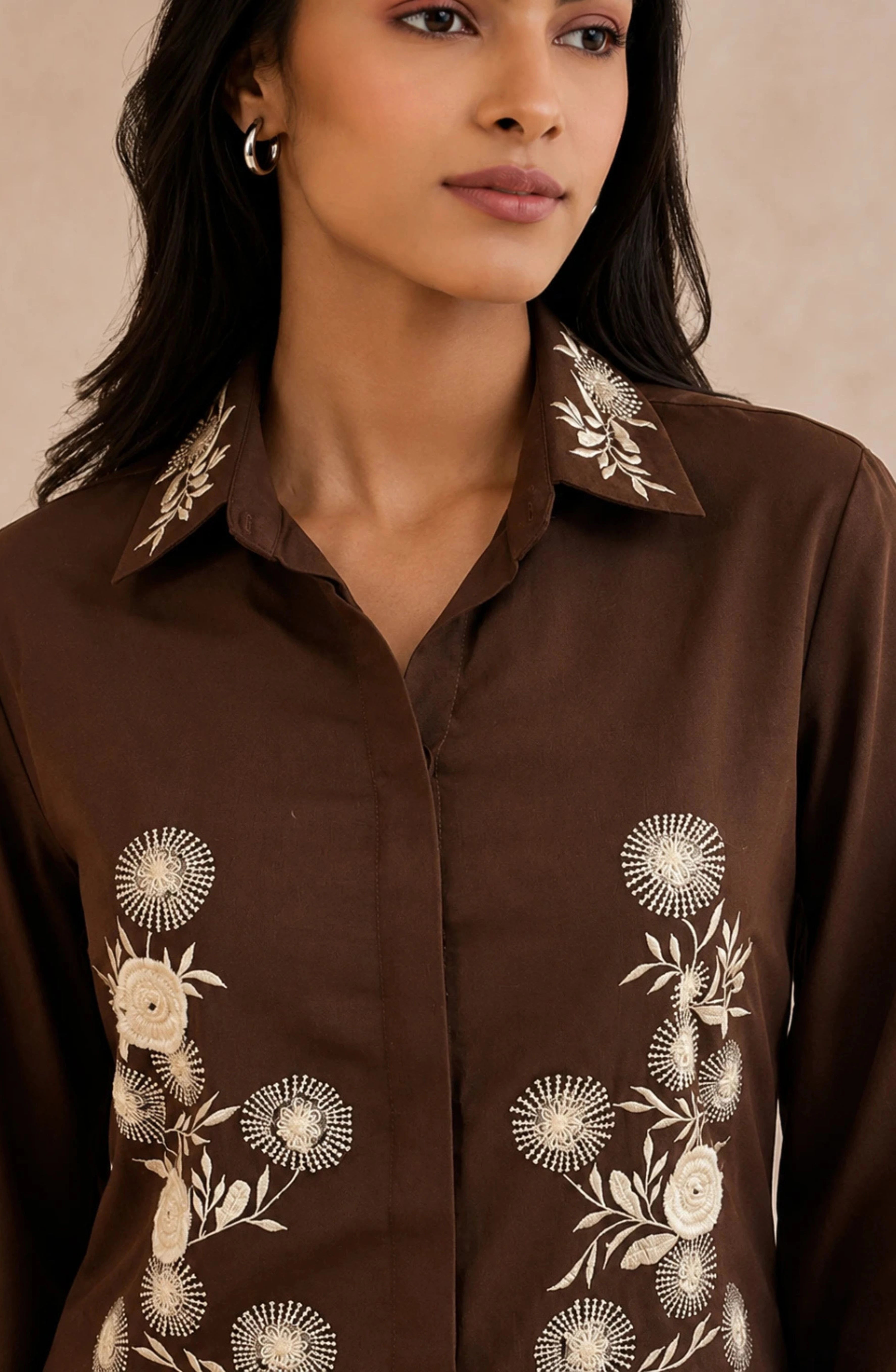 Brown White Floral Embroidered Shirt