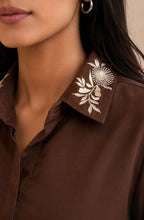 Brown White Floral Embroidered Shirt