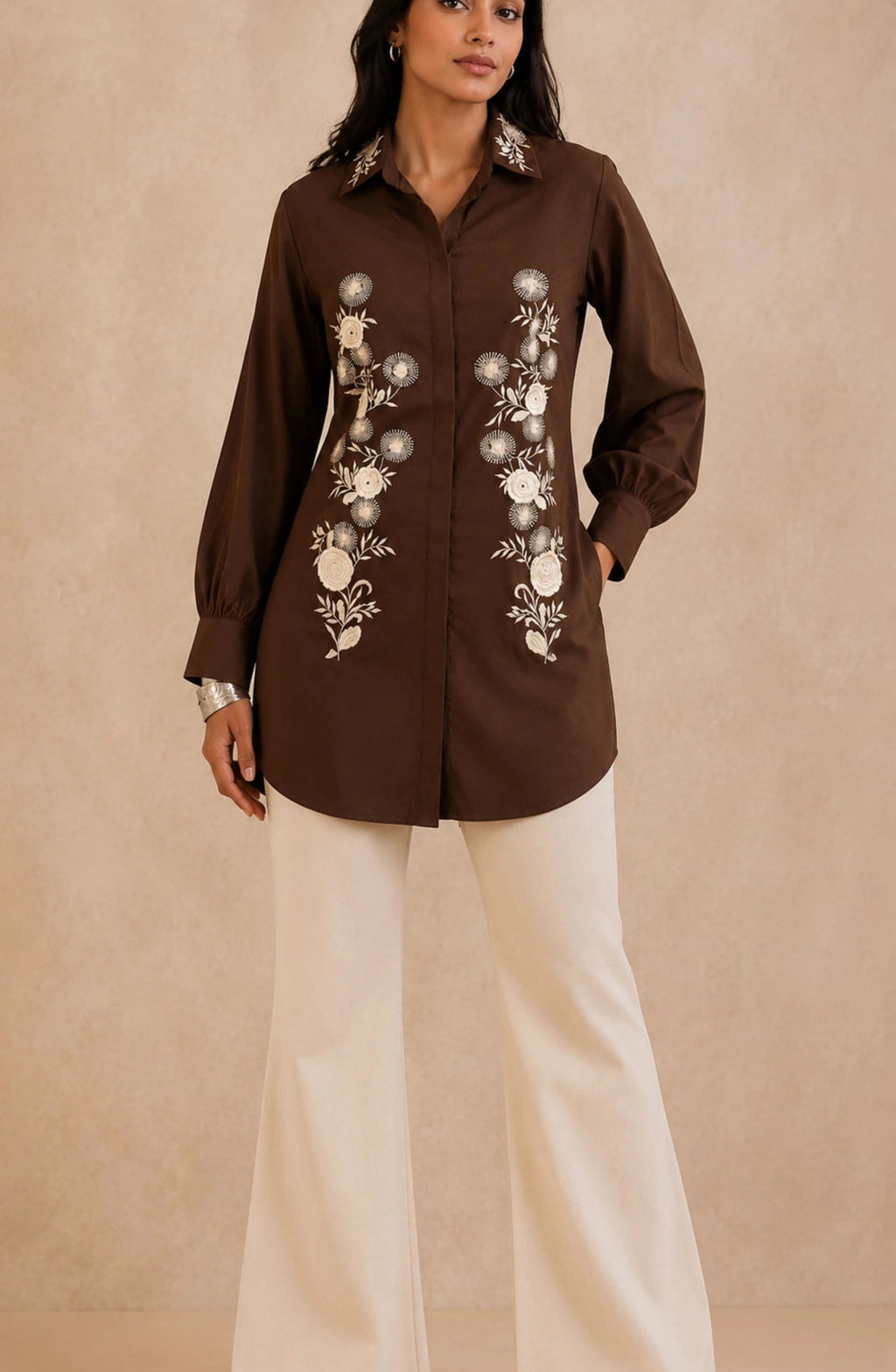 Brown White Floral Embroidered Shirt