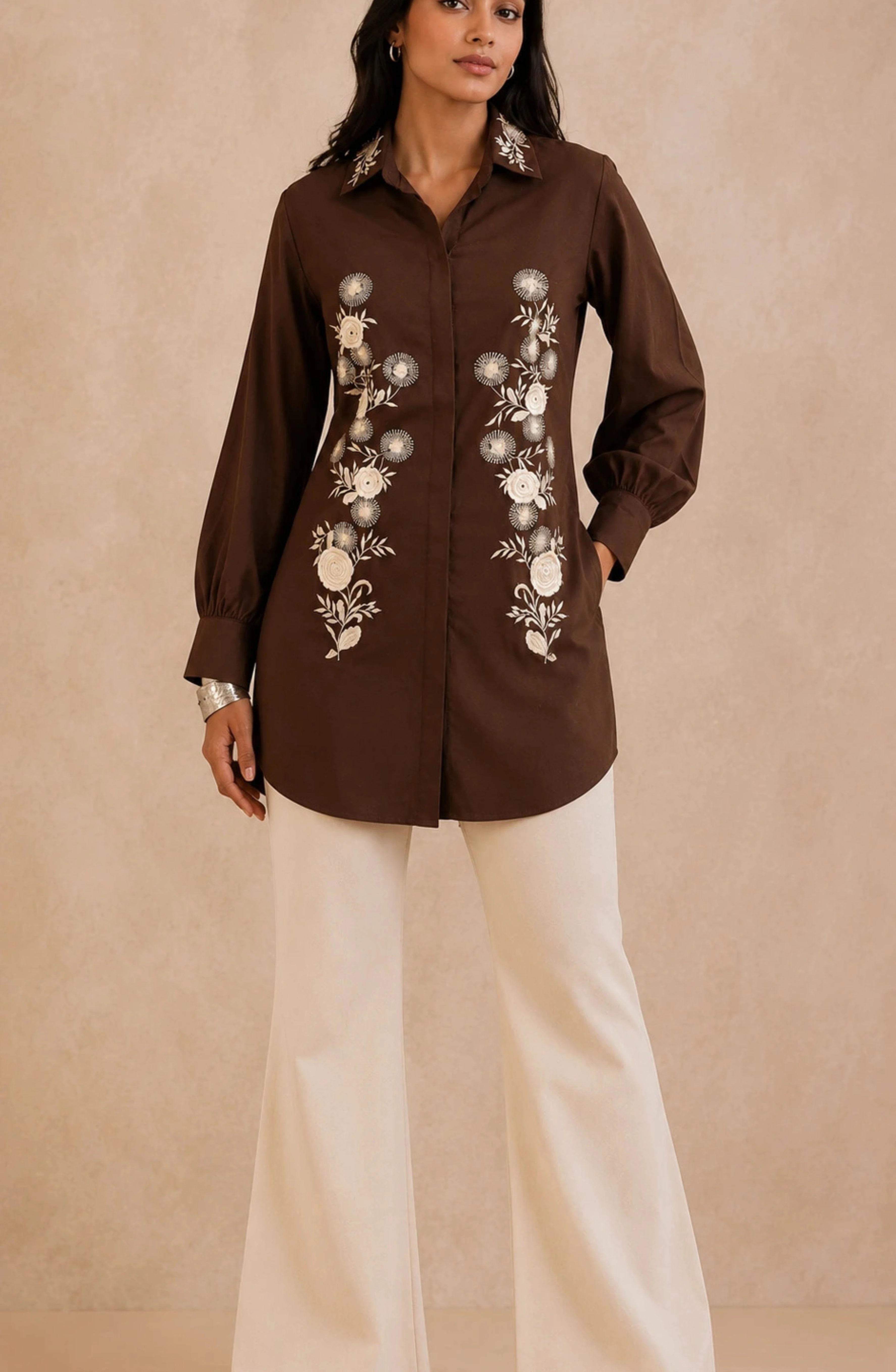 Brown White Floral Embroidered Shirt