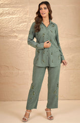 Sage Green Embellished Suede Co-Ord Set