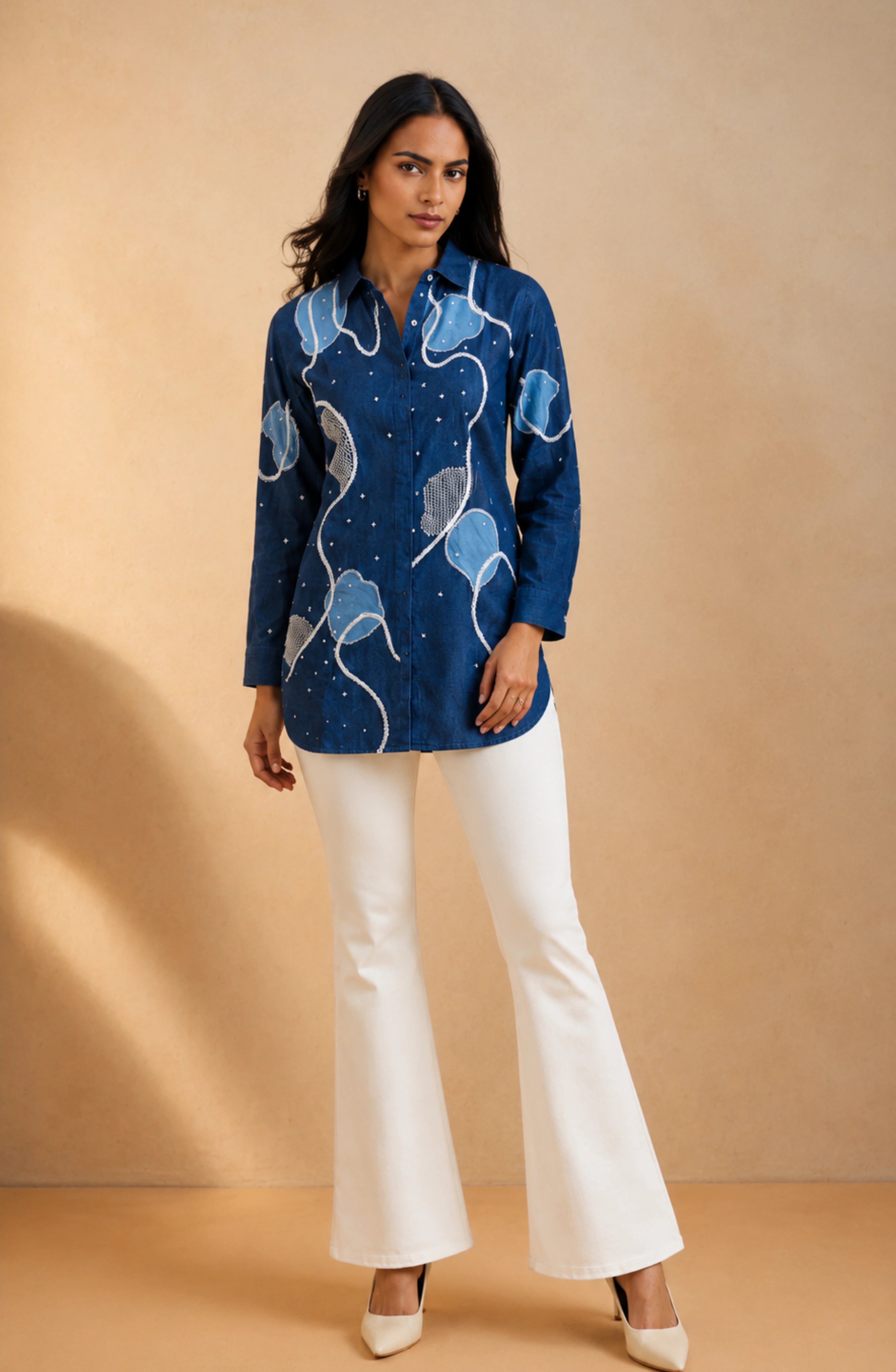 Blue Cotton Denim Patchwork Shirt