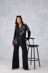 Black Floral Embellished Zip Style Shirt