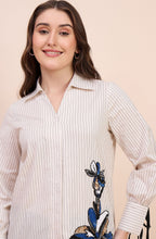 Off-White Striped Shirt with Sequin Floral Motif