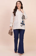 Off-White Striped Shirt with Sequin Floral Motif