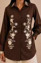 Brown White Floral Embroidered Shirt