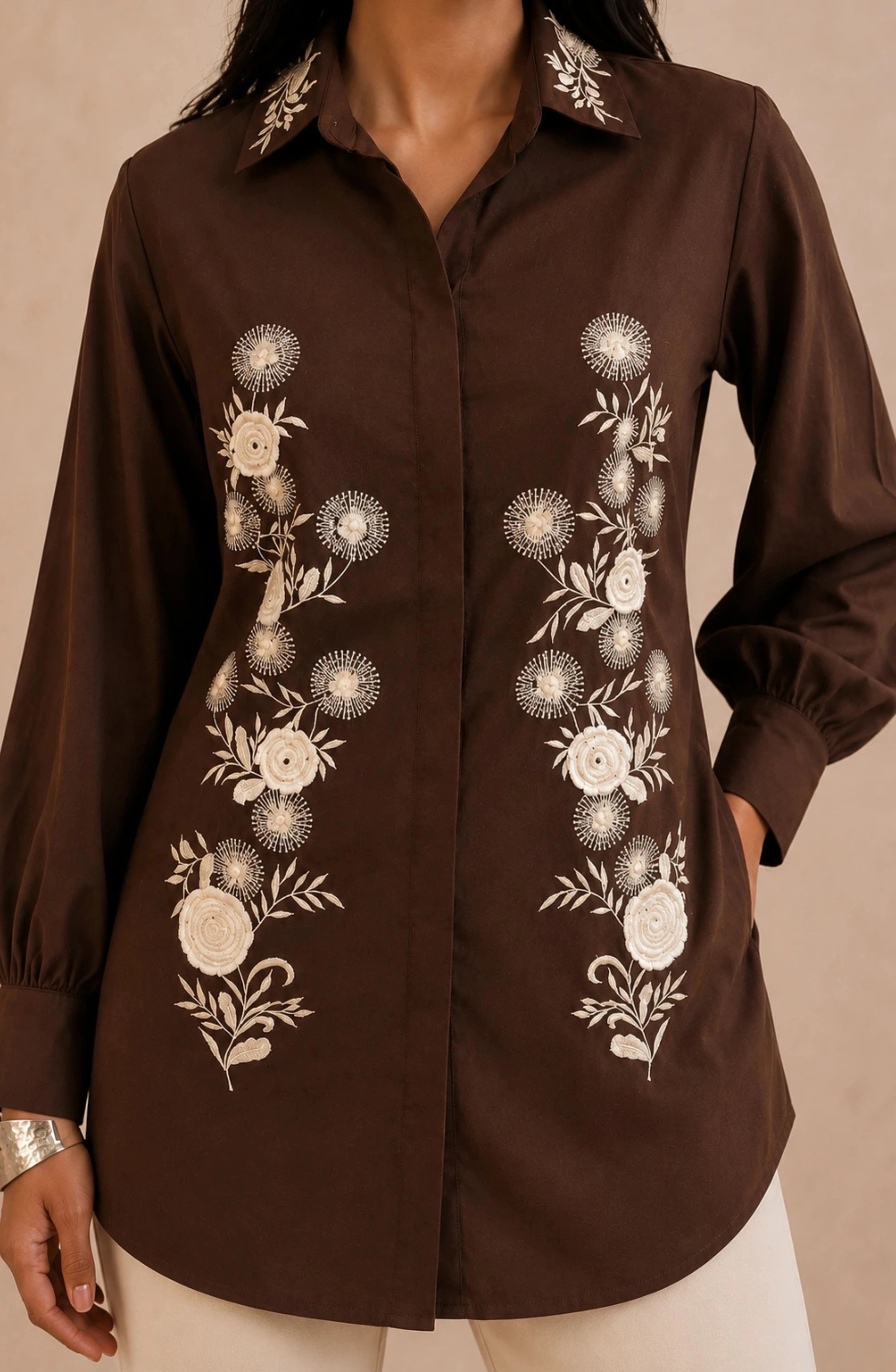 Brown White Floral Embroidered Shirt
