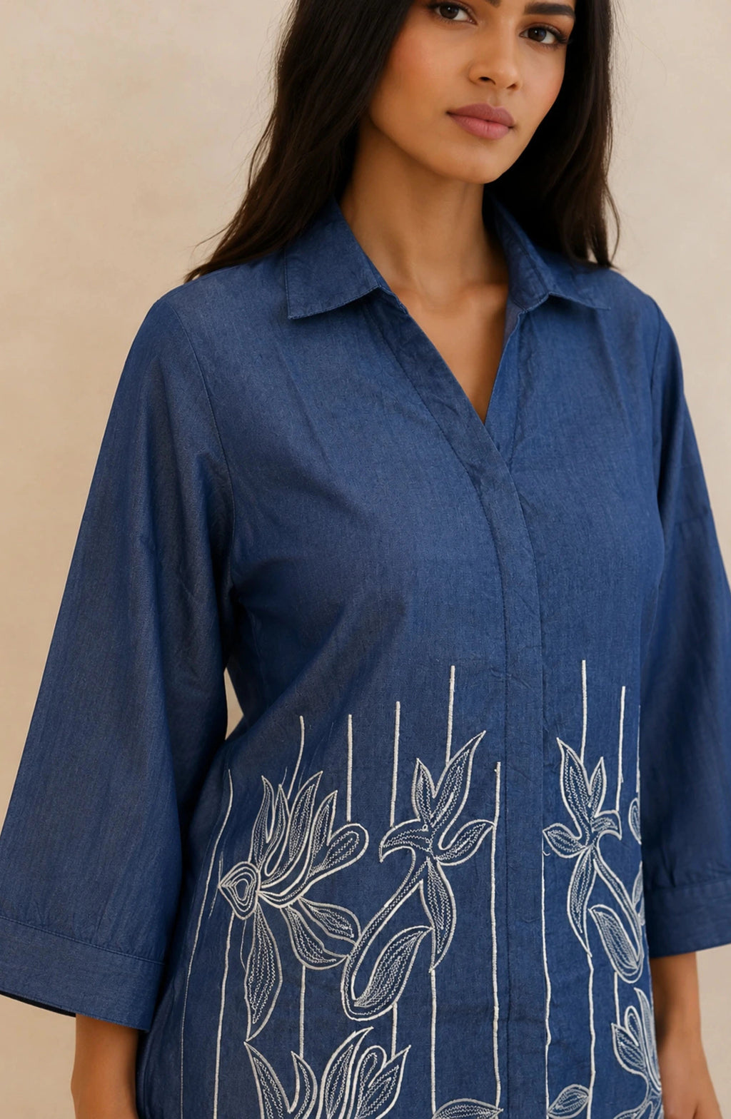 Indigo Bloom Embroidered Denim Shirt