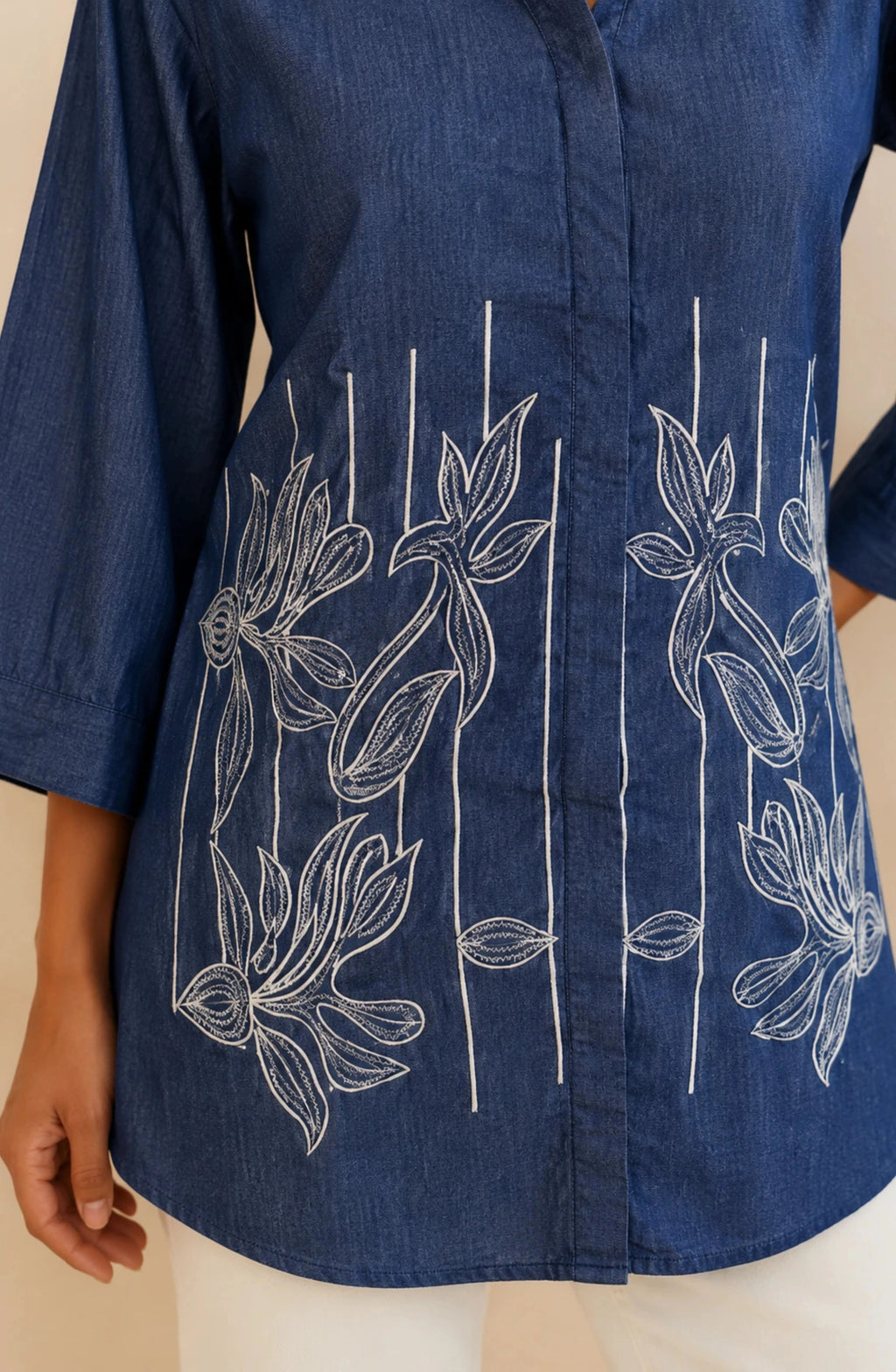 Indigo Bloom Embroidered Denim Shirt