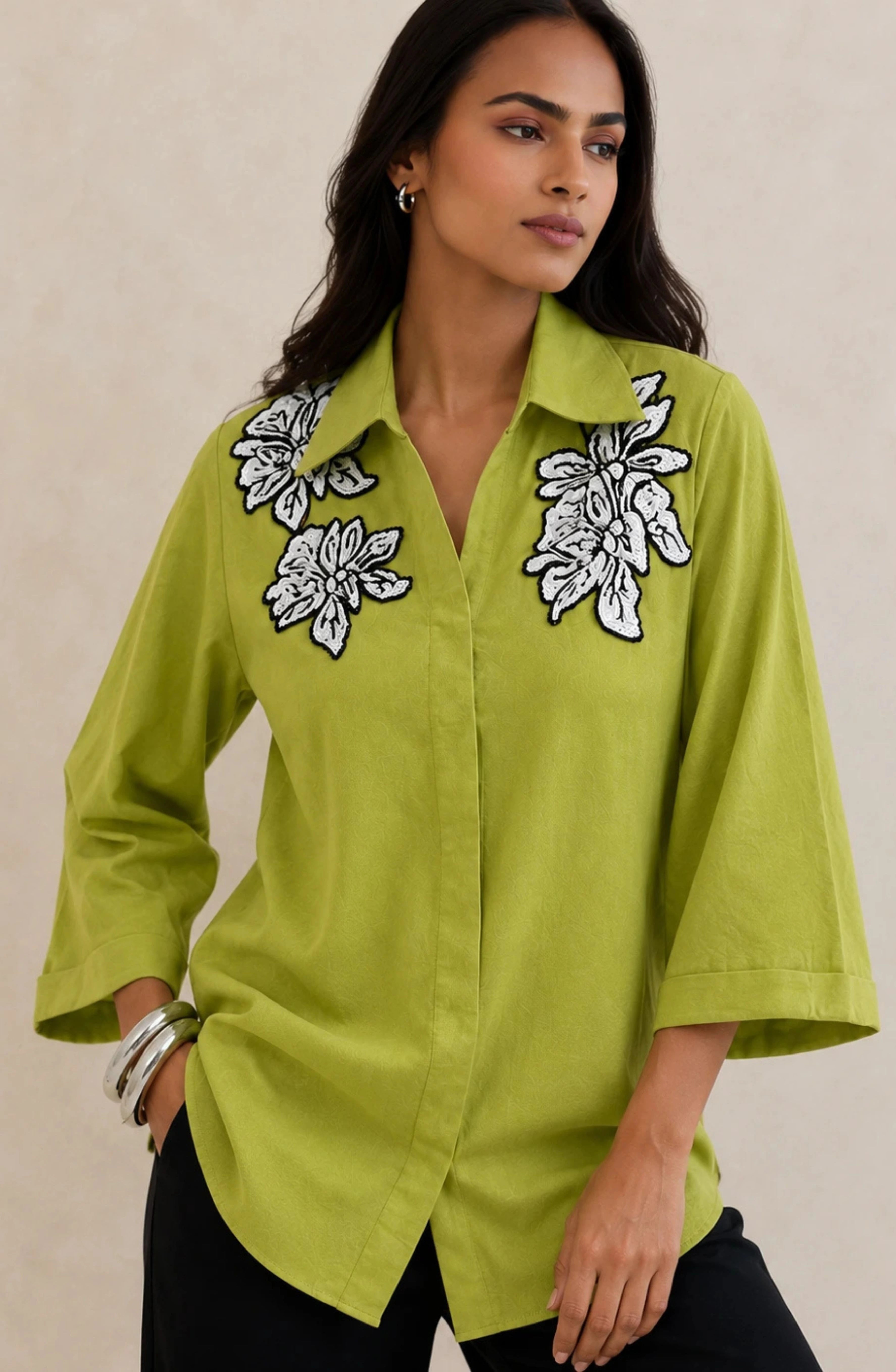 Lime Green Floral Embellished Shirt