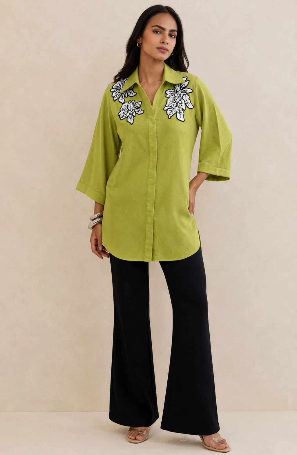 Lime Green Floral Embellished Shirt