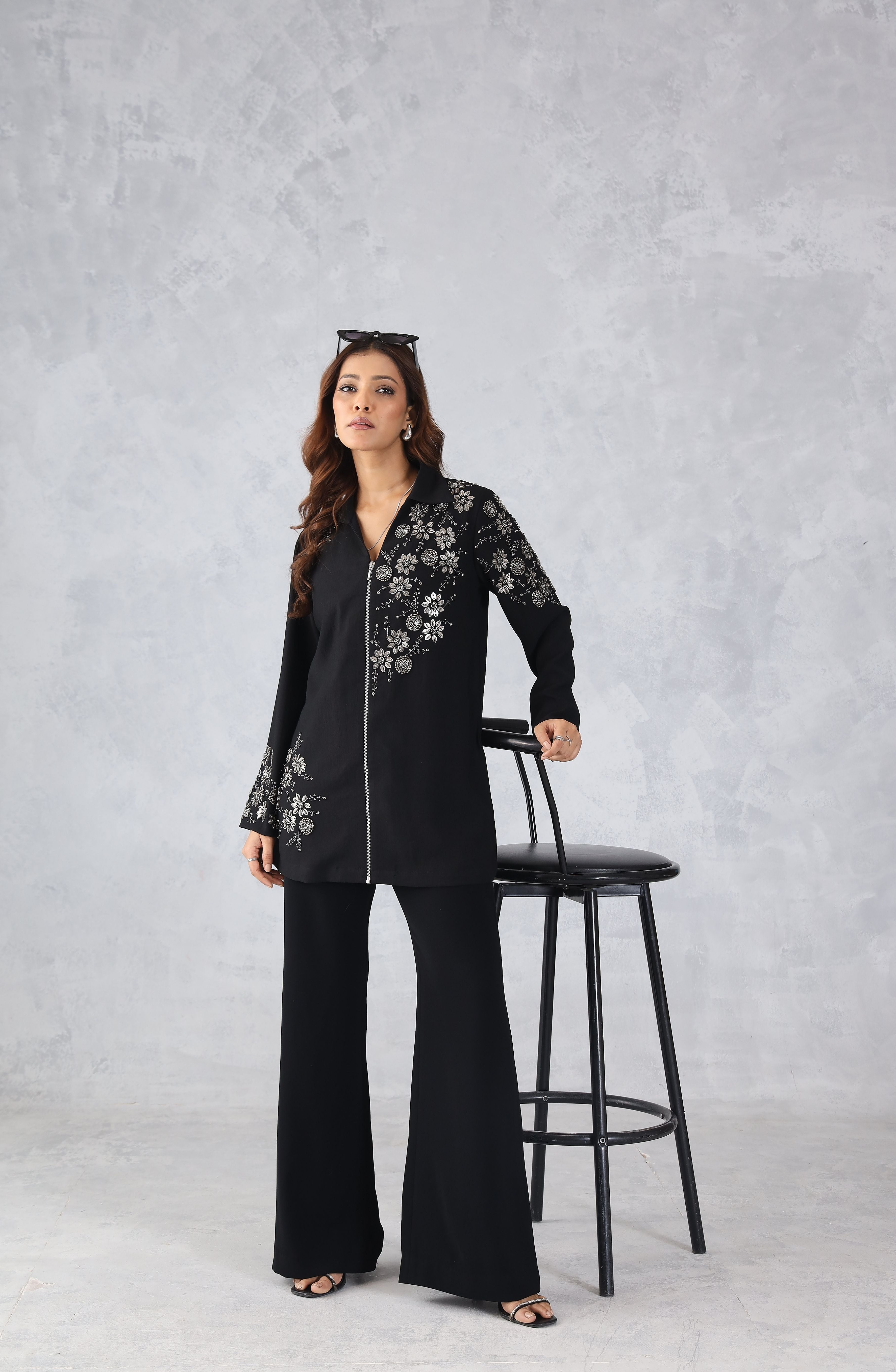 Black Floral Embellished Zip Style Shirt