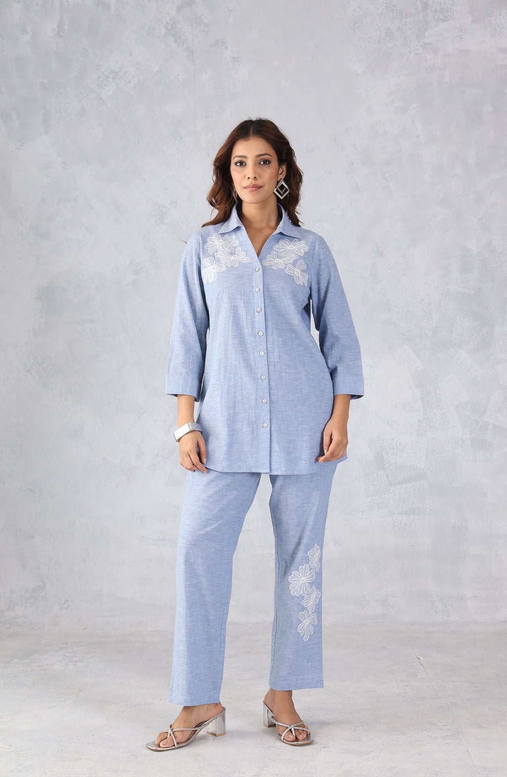 Light Blue Denim Embroidered Co-Ord Set