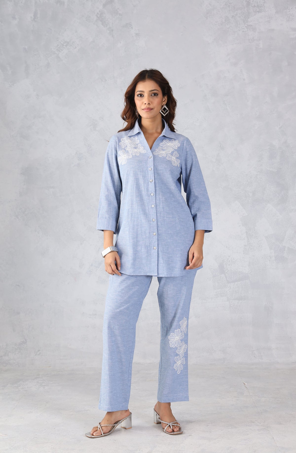 Light Blue Denim Embroidered Co-Ord Set