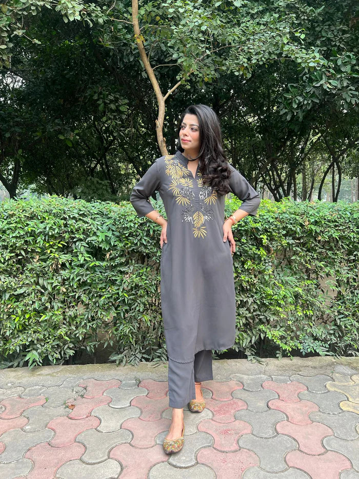 Grey Embroidered Kurta Set