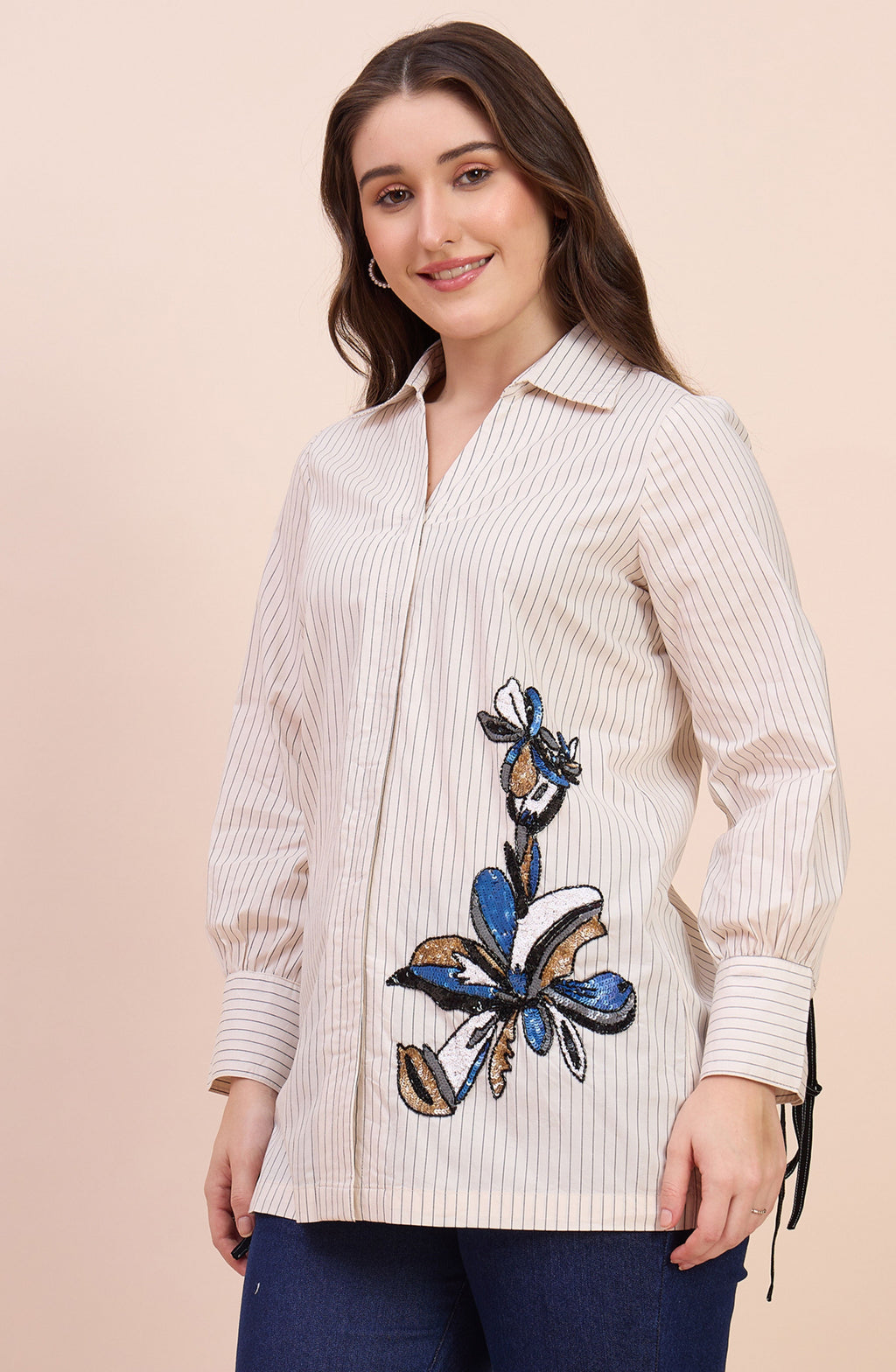 Off-White Striped Shirt with Sequin Floral Motif