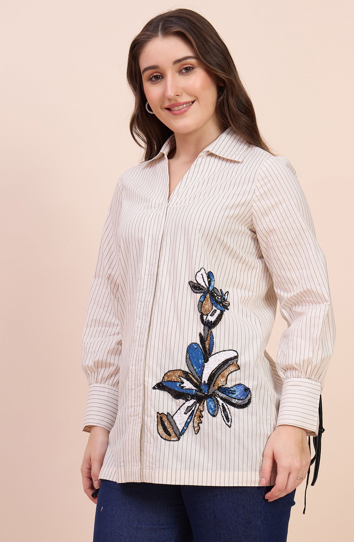 Off-White Striped Shirt with Sequin Floral Motif
