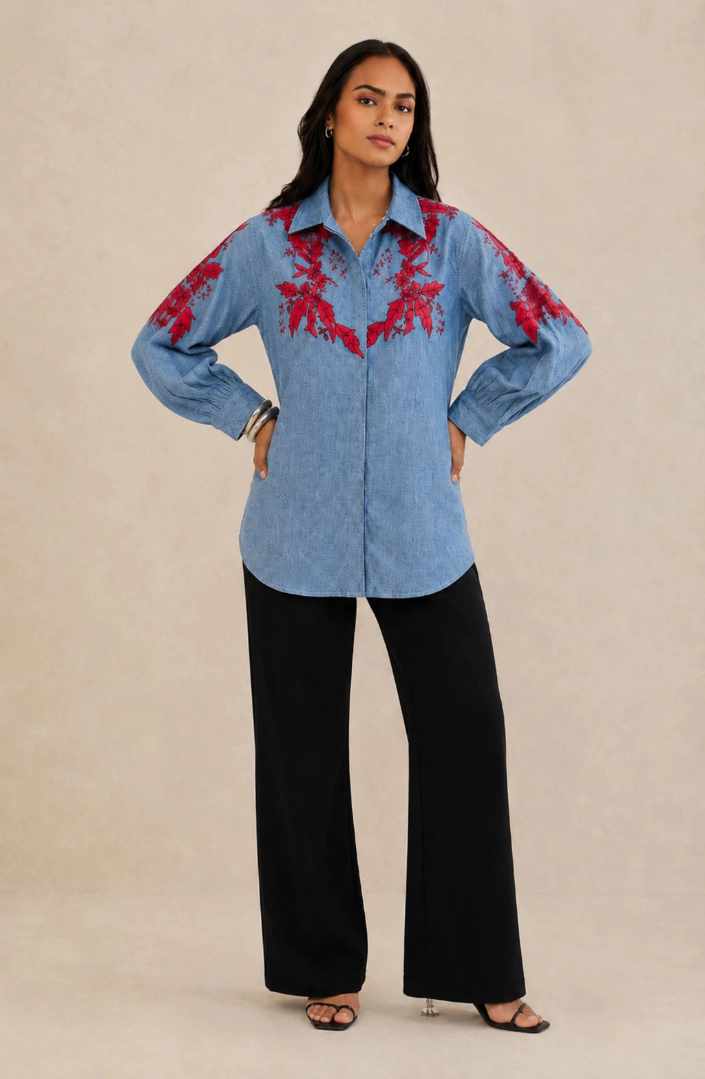 Blue Denim Red Floral Embroidered Shirt