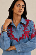 Blue Denim Red Floral Embroidered Shirt