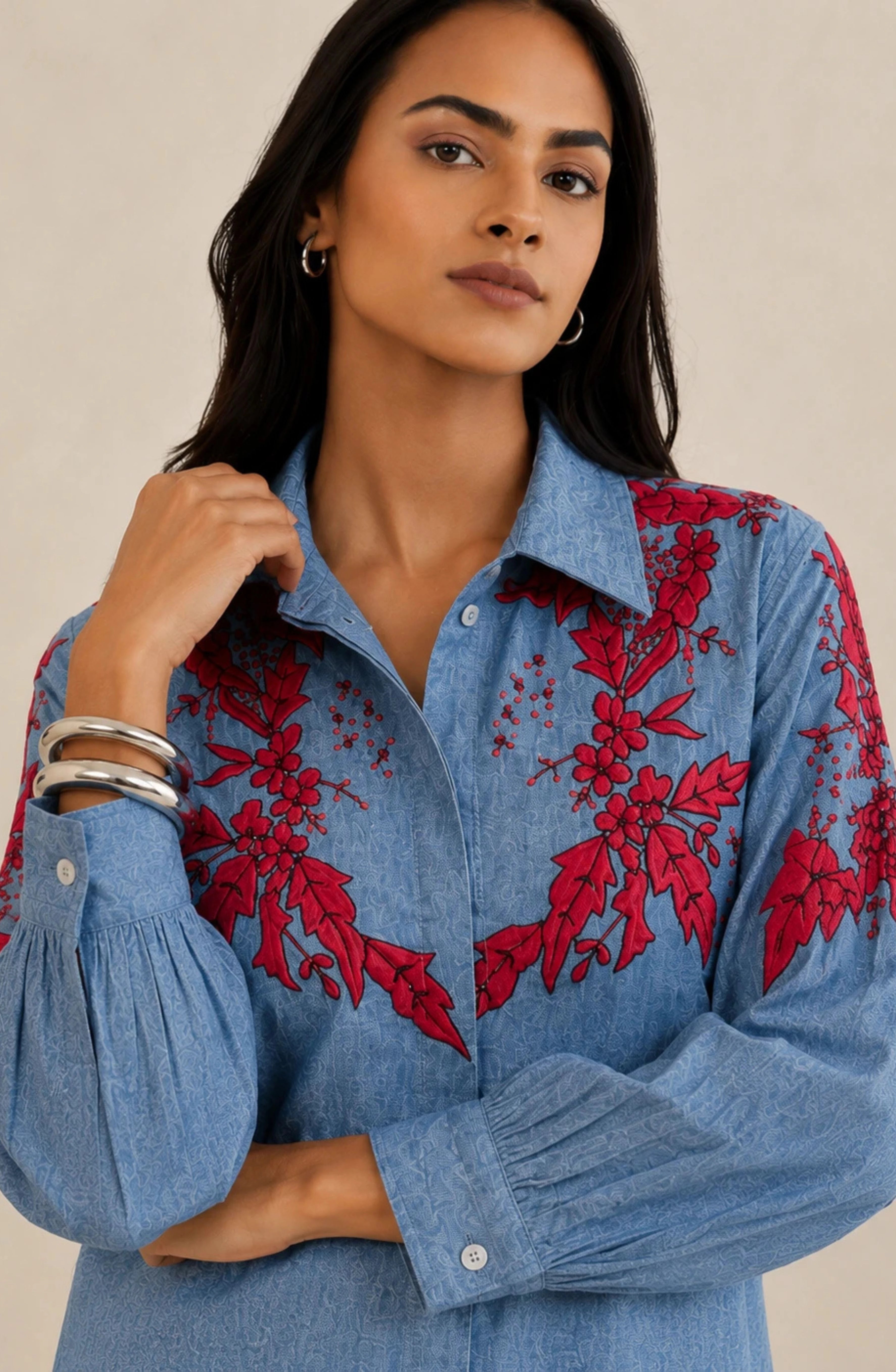 Blue Denim Red Floral Embroidered Shirt