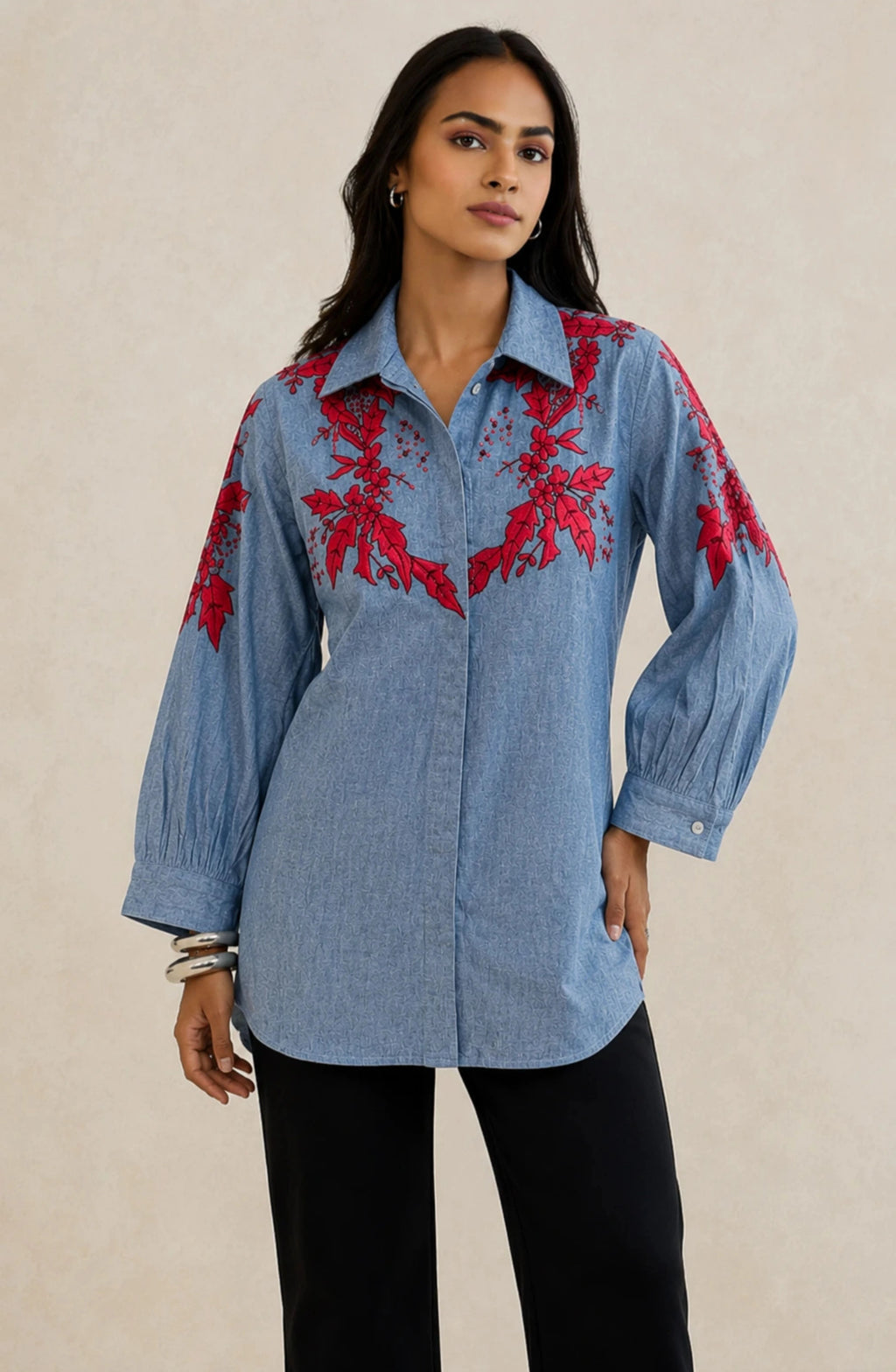 Blue Denim Red Floral Embroidered Shirt