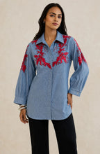 Blue Denim Red Floral Embroidered Shirt