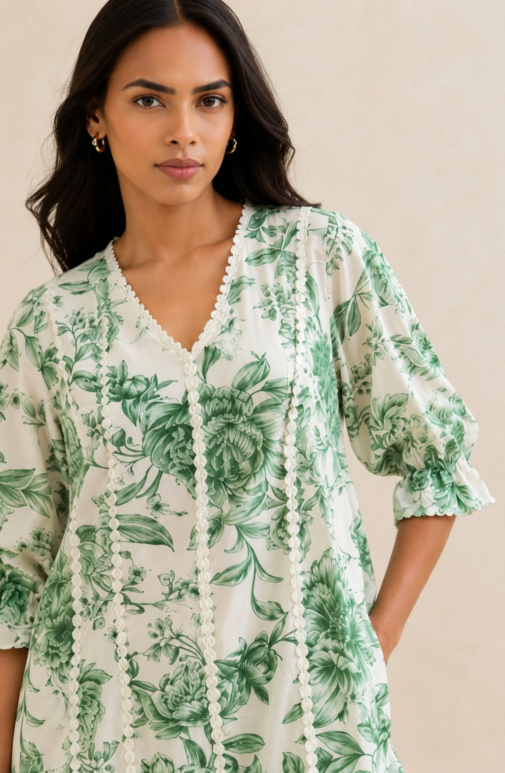 Green Floral Print A-Line Dress
