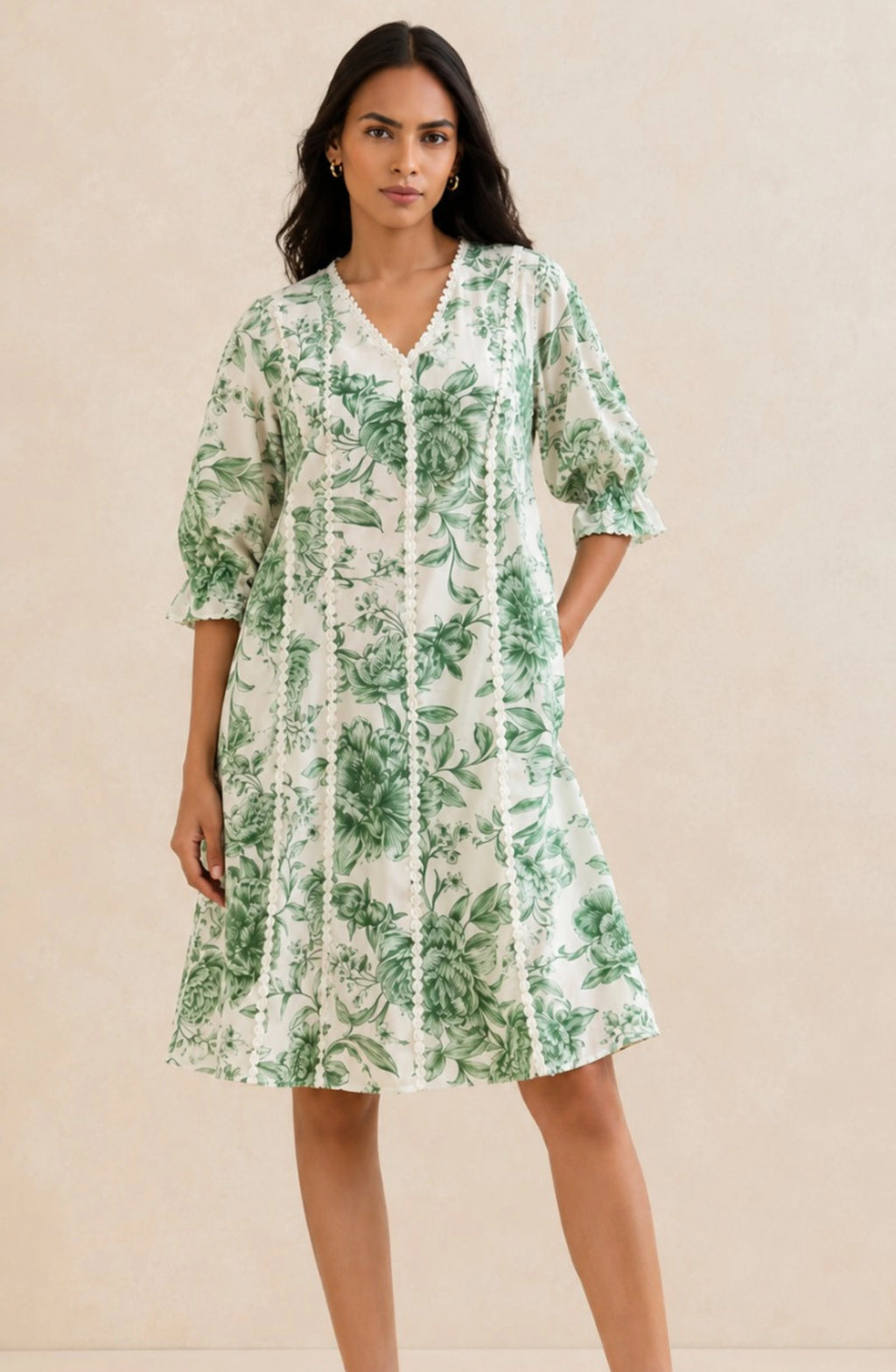 Green Floral Print A-Line Dress