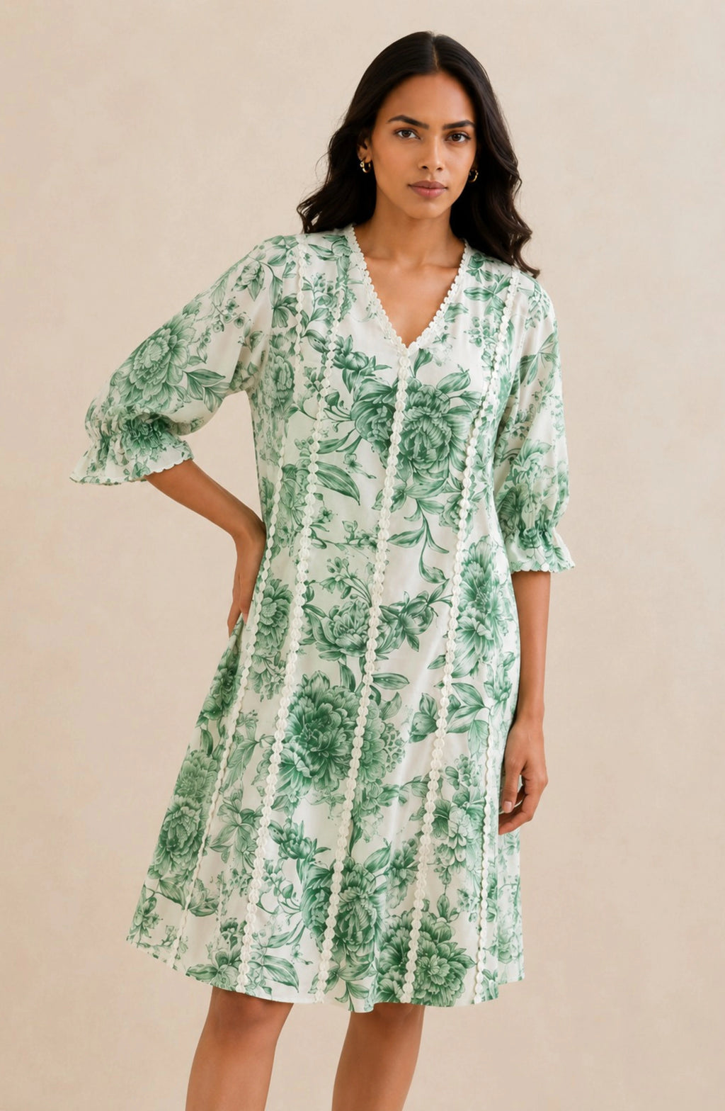 Green Floral Print A-Line Dress