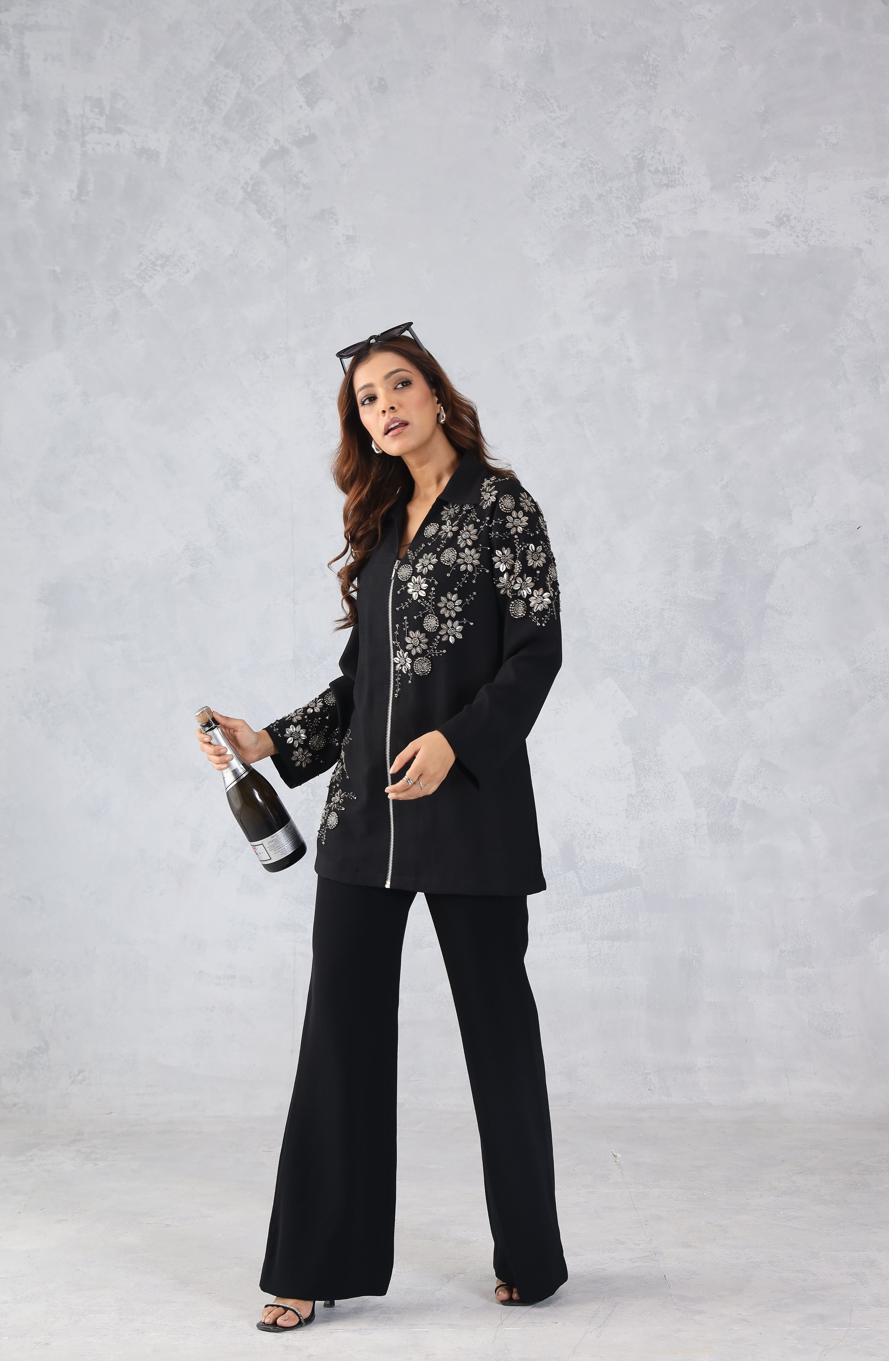 Black Floral Embellished Zip Style Shirt