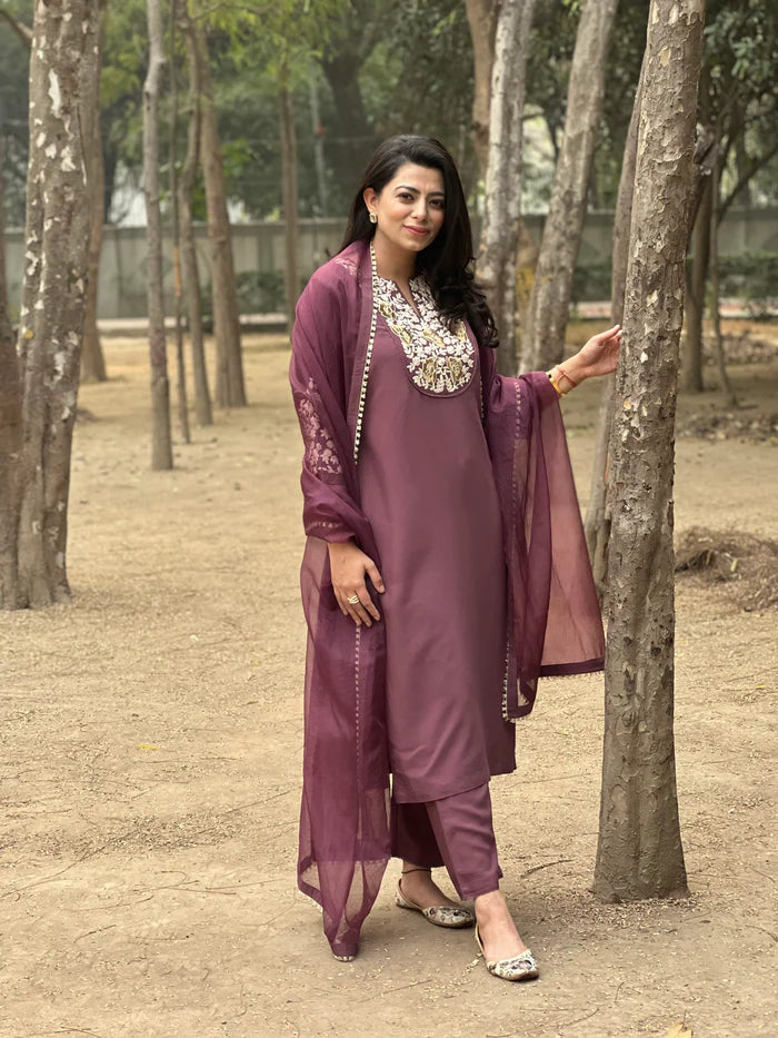 Purple Embroidered Suit Set