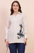 Off-White Striped Shirt with Sequin Floral Motif