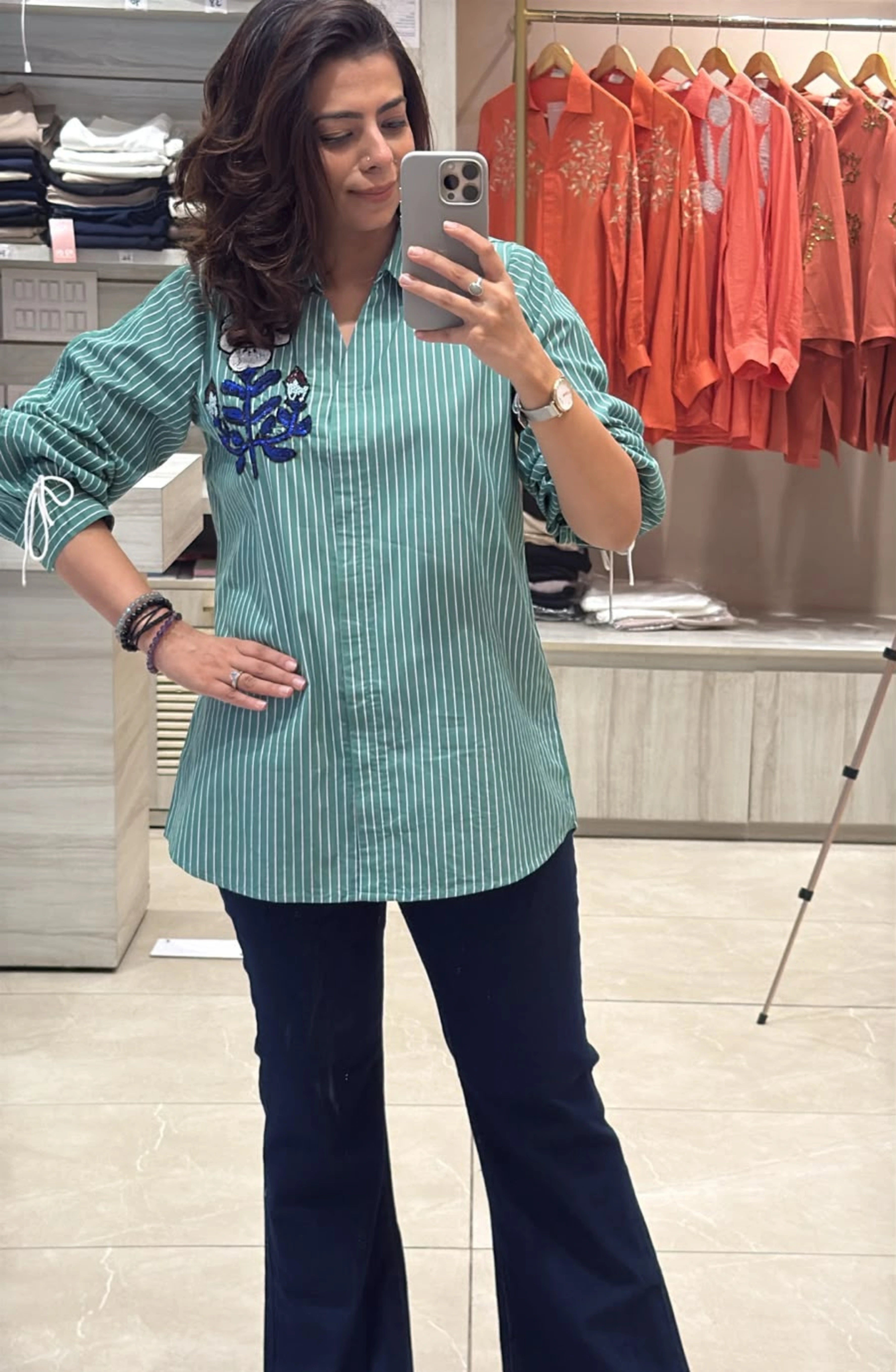Green Striped Embellished Shirt