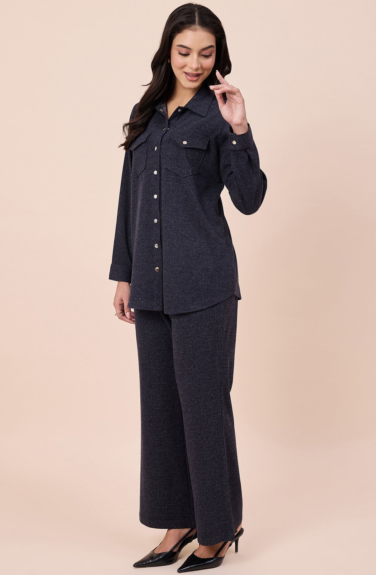 Charcoal Grey Winter Co-ord Set with Snap Button Detailing