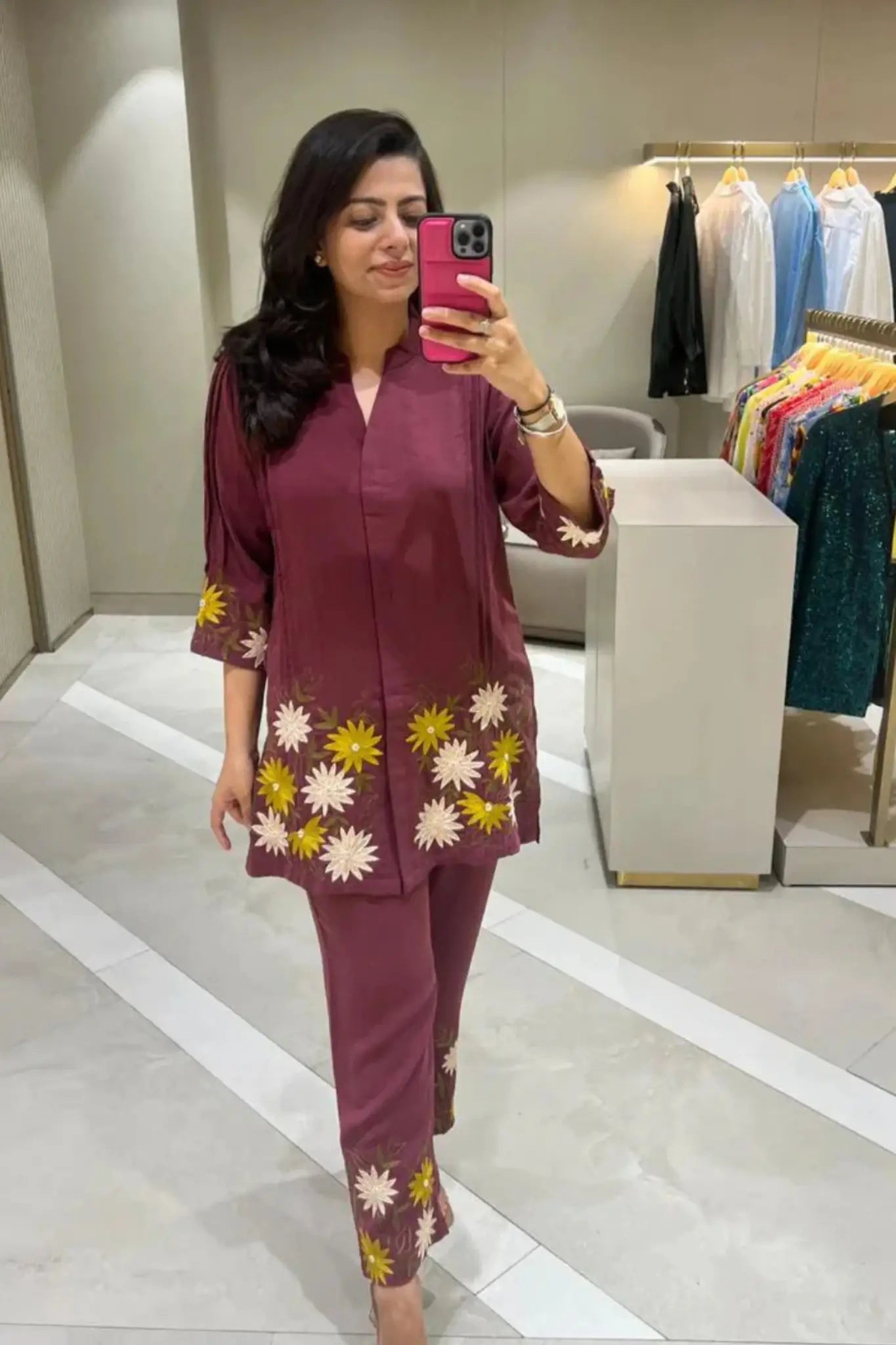 Wine Sunflower Embroidered Co-ord Set
