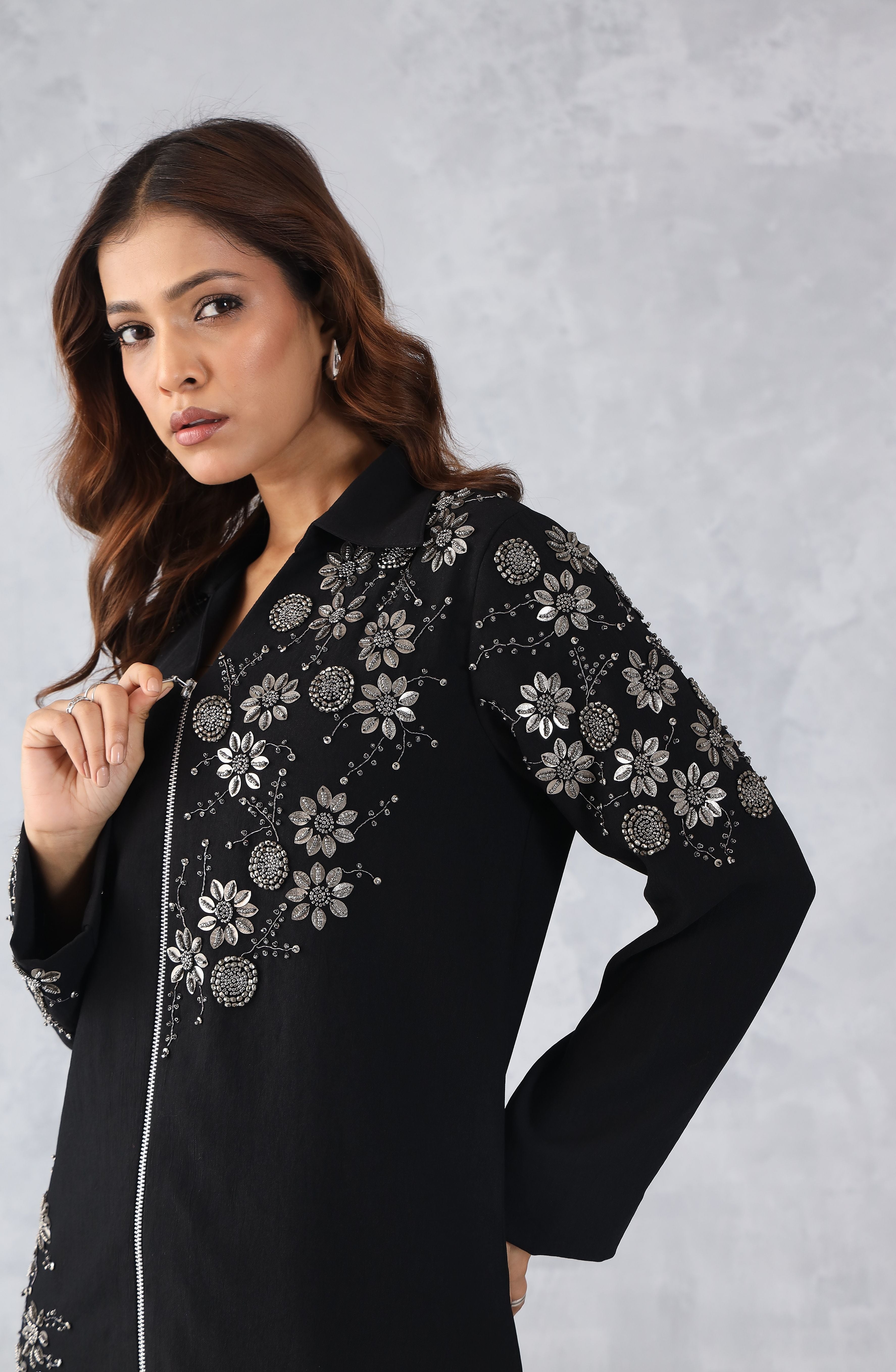 Black Floral Embellished Zip Style Shirt