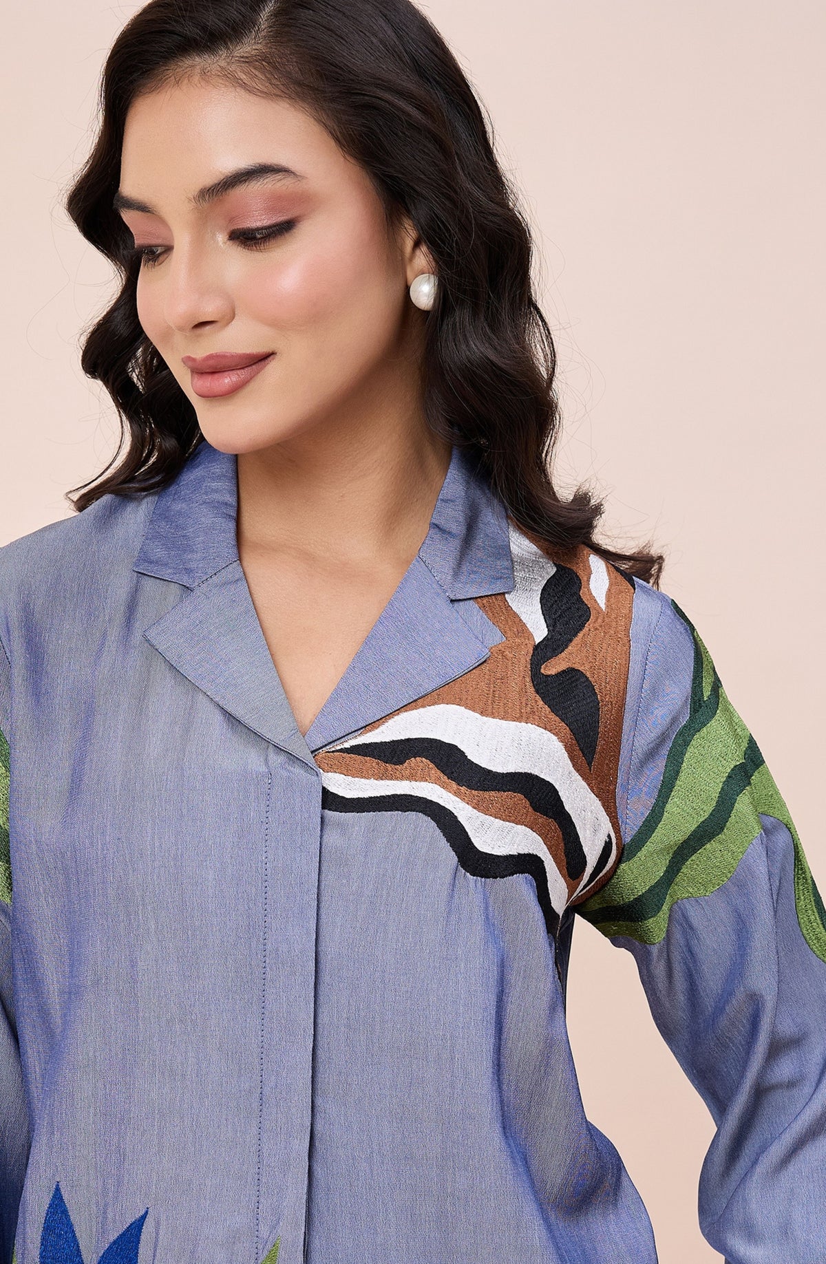 Cotton Denim Colourful Embroidered Shirt