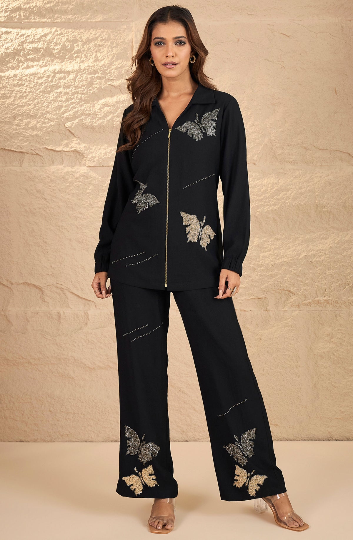 Black Gold Butterfly Embellished Co-Ord Set